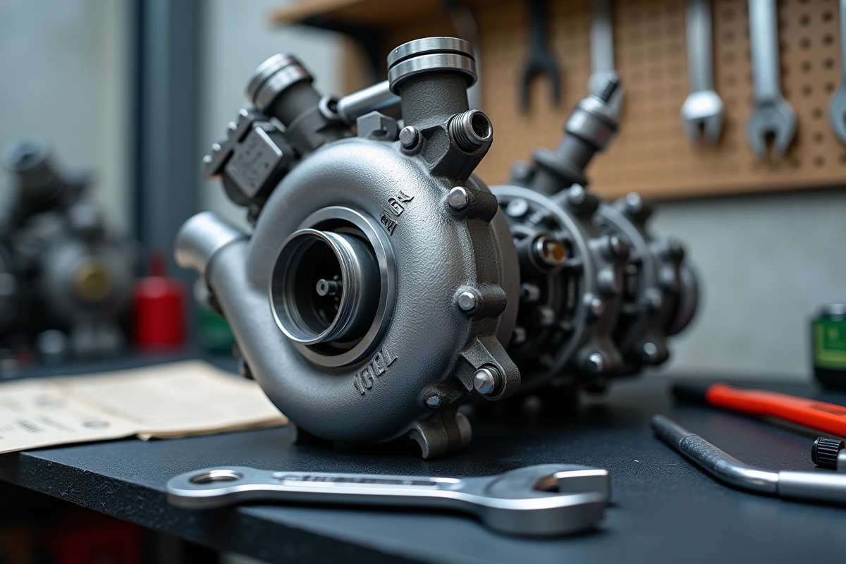 Gros plan sur le turbocompresseur et la vanne EGR d'un moteur 1.6 TDI posé sur un établi, illustrant les problèmes de fiabilité liés au dieselgate