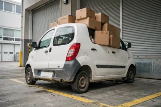 Petit utilitaire blanc surchargé avec suspension arrière affaissée dans un quai de chargement industriel