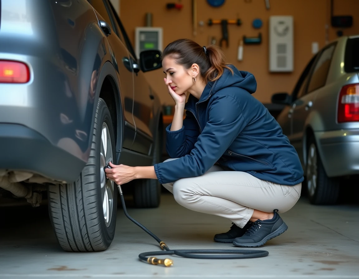 Femme vérifiant la pression d'un pneu dégonflé dans un garage résidentiel avec un manomètre numérique et un gonfleur posé au sol
