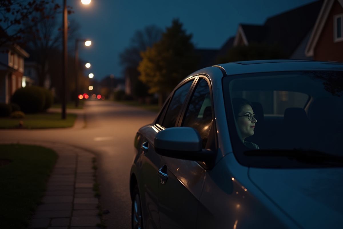 Voiture garée la nuit avec reflet discret d