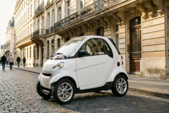 Voiture sans permis garée dans une rue pavée de Bordeaux avec façades en pierre calcaire typiques de la ville