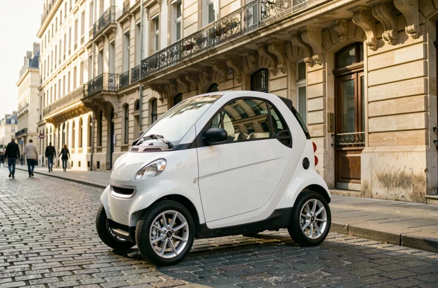 Voiture sans permis garée dans une rue pavée de Bordeaux avec façades en pierre calcaire typiques de la ville