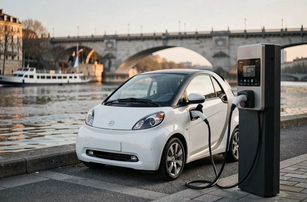 Voiture sans permis électrique en charge sur les quais de Bordeaux avec le Pont de Pierre visible en arrière-plan