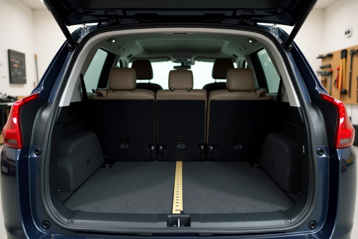 Mesure du volume du coffre Peugeot 3008 avec un mètre ruban dans un garage