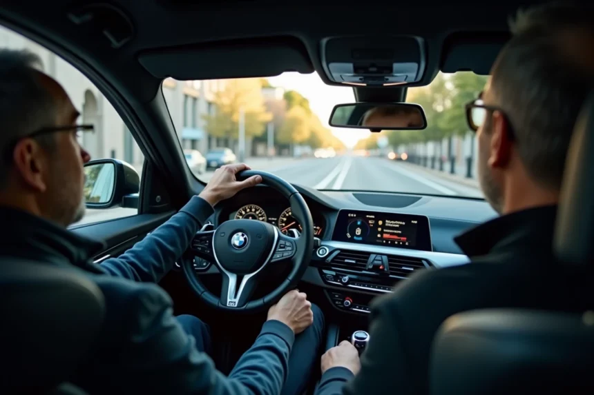 Conducteur inquiet dans une BMW regardant le voyant batterie allumé sur le tableau de bord