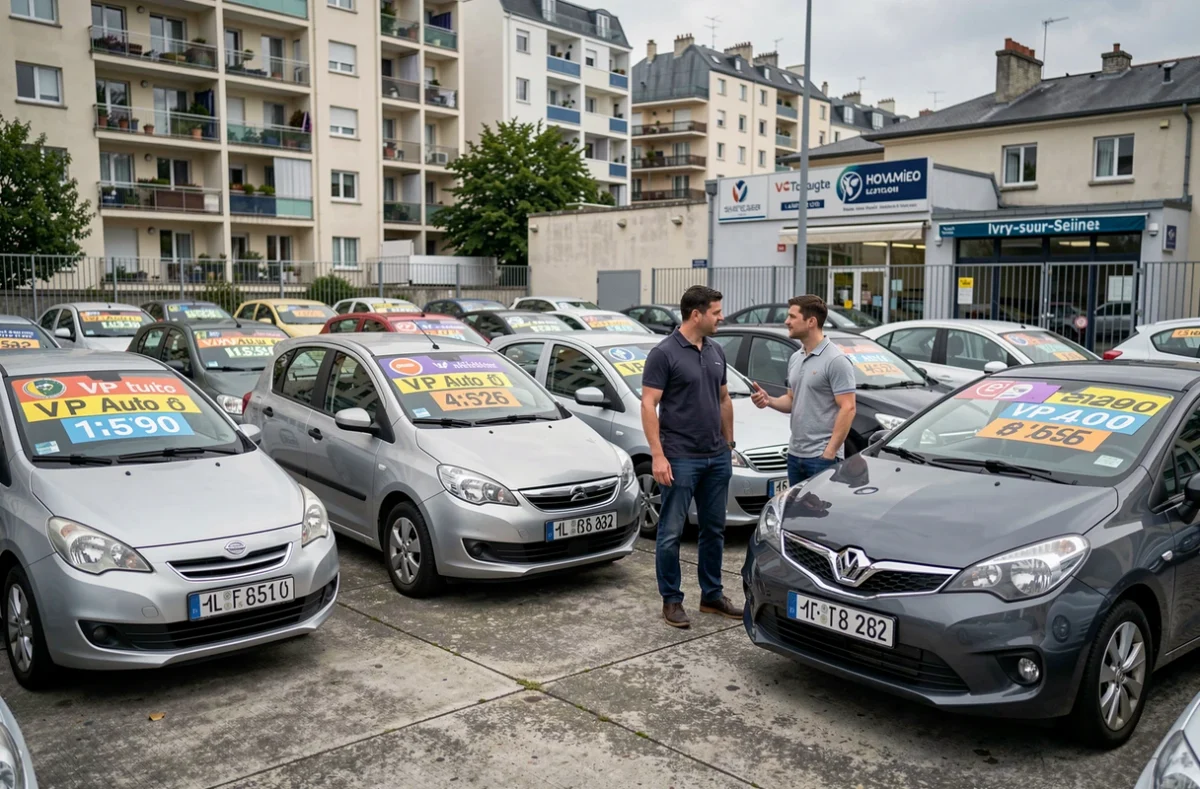 Parking du concessionnaire VP Auto à Ivry-sur-Seine avec des voitures d'occasion étiquetées et un vendeur accueillant un client