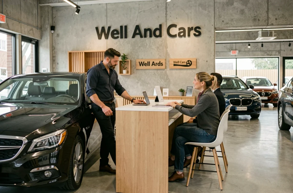 Intérieur du showroom Well And Cars avec un conseiller expliquant les caractéristiques d'un véhicule d'occasion à un couple de clients